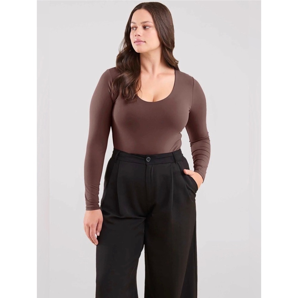 Nuuds Long Sleeve Scoop Neck Bodysuit Coffee Brown XXXL